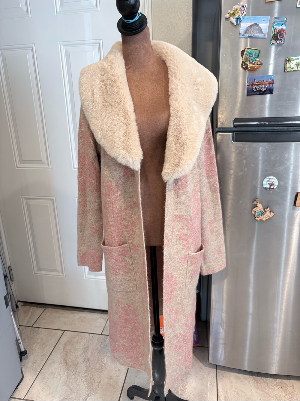Women's Long Pink Coat with Faux Fur Cream Collar